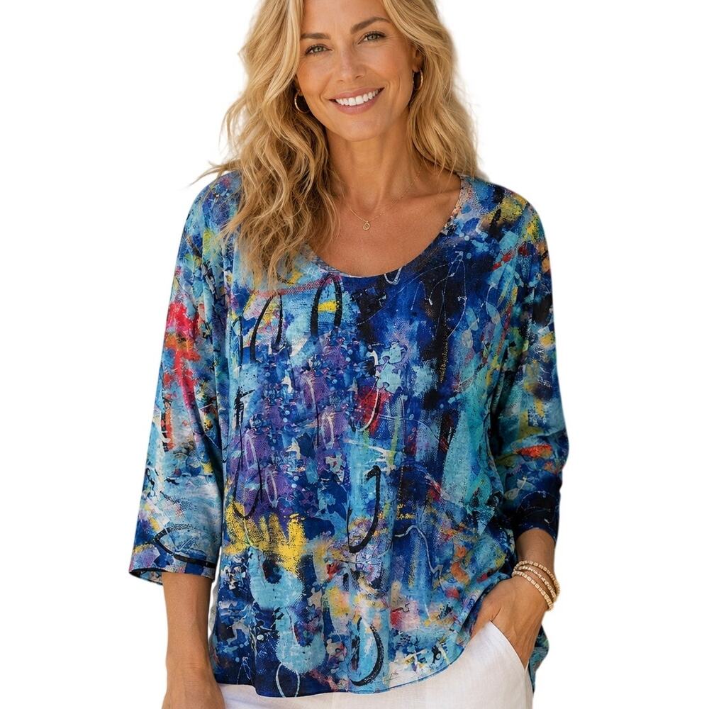 Et'Lois Artsy Top Womens XL Turquoise Colorful 3/4 Sleeve Lagenlook Tee